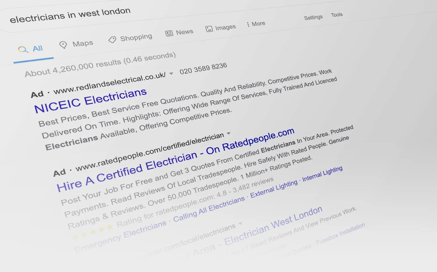 Google search ads for electricians in west London