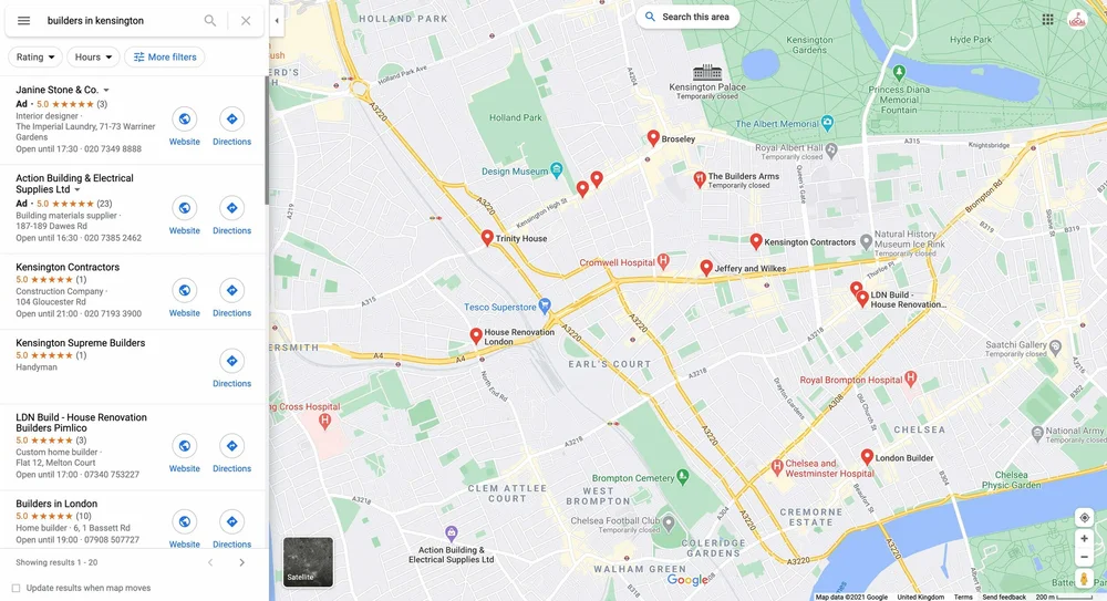 Google local pack results for a local search